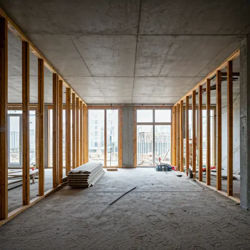 Modern architectural construction site interior with concrete and framing